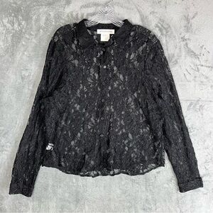 Vintage Sheer Black Lace‎ Blouse Top Long Sleeve 14 Goth Grunge Jones New York